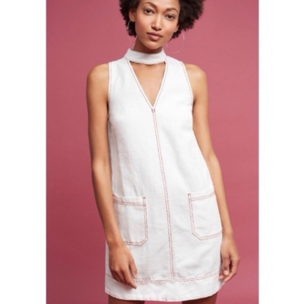 HOLDING HORSES White Linen Dress with Red Stitching and Pockets